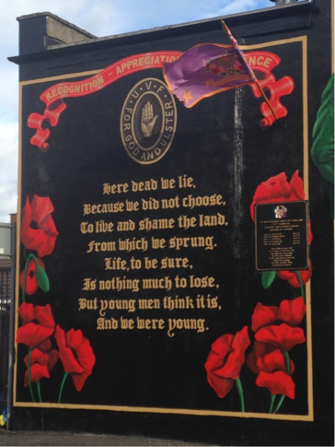 It say, “Here dead we lie, Because we did not choose, To Live and shame the land, from which we sprung. Life, to be sure, Is nothing much to lose, But young men think it is, And we were young.” This is a relatively new mural. The red poppies that are prominent in the photo are called remembrance poppies and are used to commemorate soldiers that have lost their lives in war.